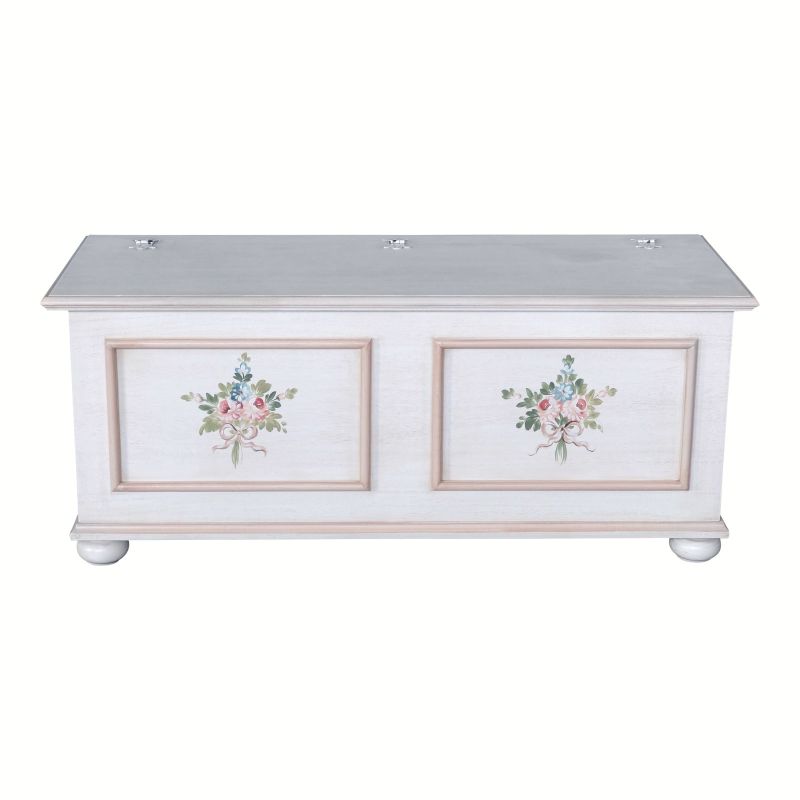 Zoe - Cassapanca in legno di sheesham intarsiato decapato stile shabby